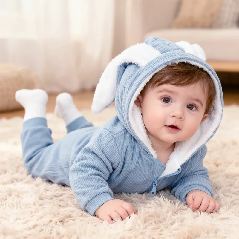 Barboteuse bébé hiver | Combinaison chaude à capuche oreilles de lapin 3D – Image 3
