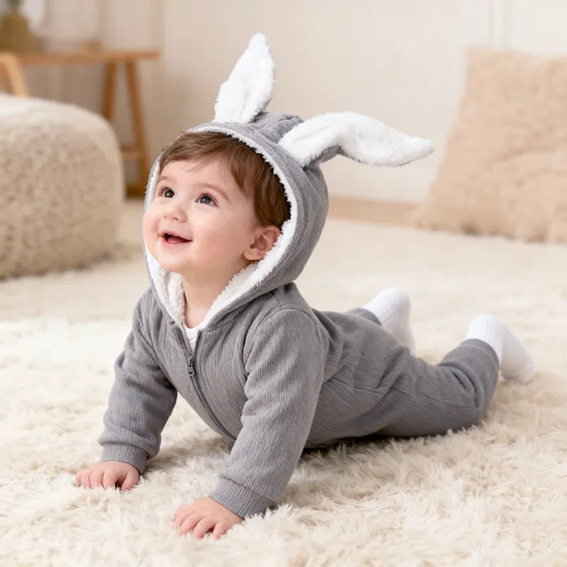 Barboteuse bébé hiver | Combinaison chaude à capuche oreilles de lapin 3D – Image 2